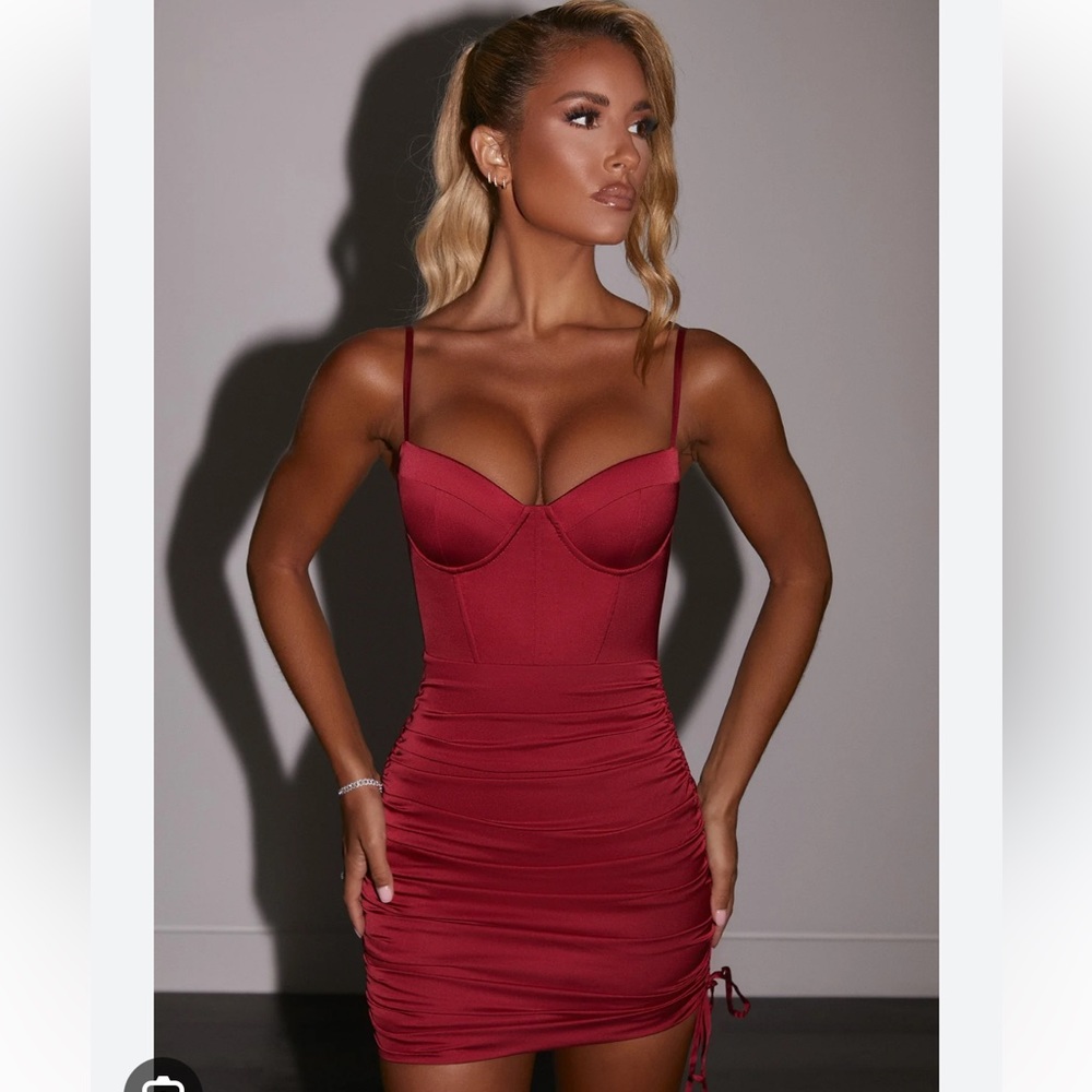Oh Polly Ruched Asymmetric Satin Mini Dress in Red